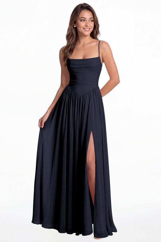 Navy Blue Spaghetti Strap Ruched Chiffon Slit Maxi Gown - Front View