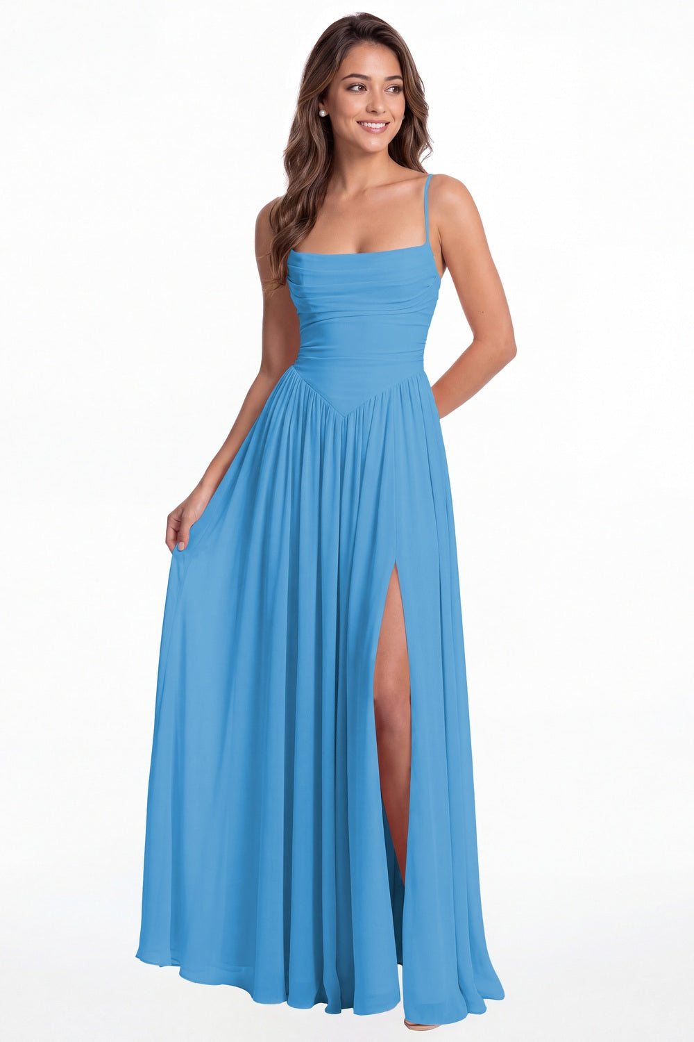 Ocean Blue Spaghetti Strap Ruched Chiffon Slit Maxi Gown - Front View
