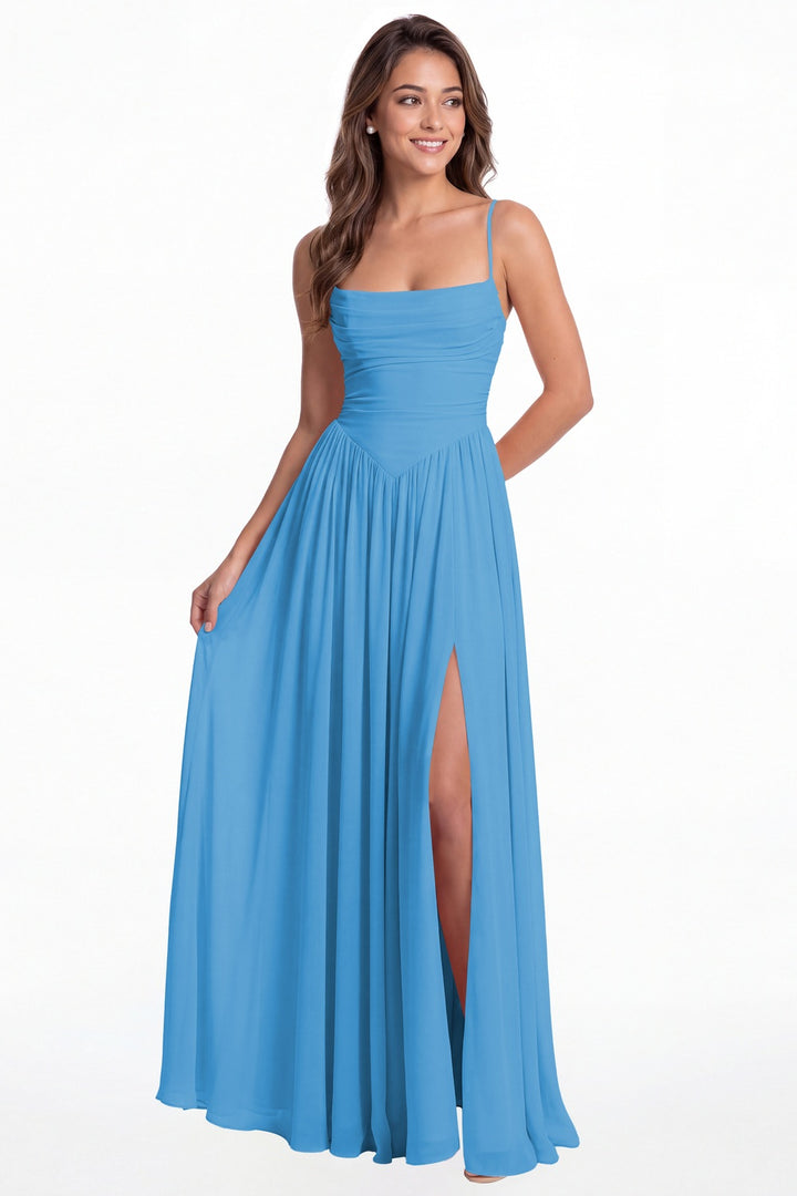 Ocean Blue Spaghetti Strap Ruched Chiffon Slit Maxi Gown - Front View