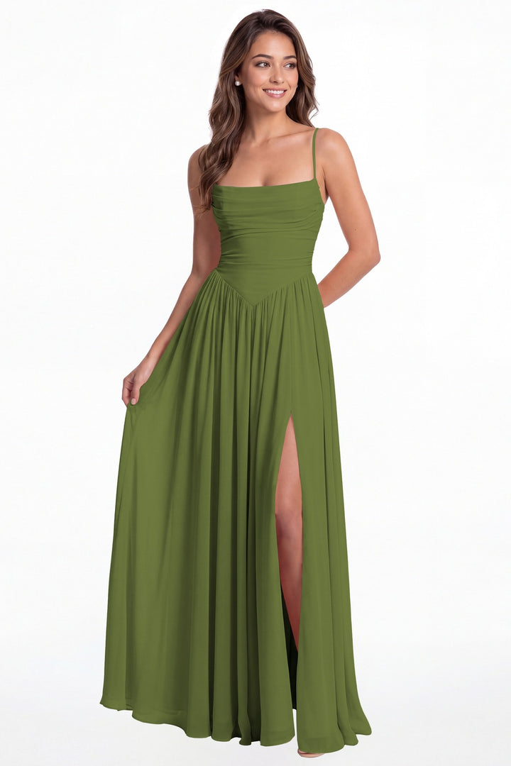 Olive Green Spaghetti Strap Ruched Chiffon Slit Maxi Gown - Front View