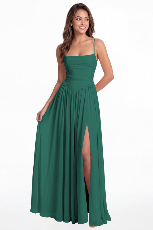 Peacock Spaghetti Strap Ruched Chiffon Slit Maxi Gown - Front View