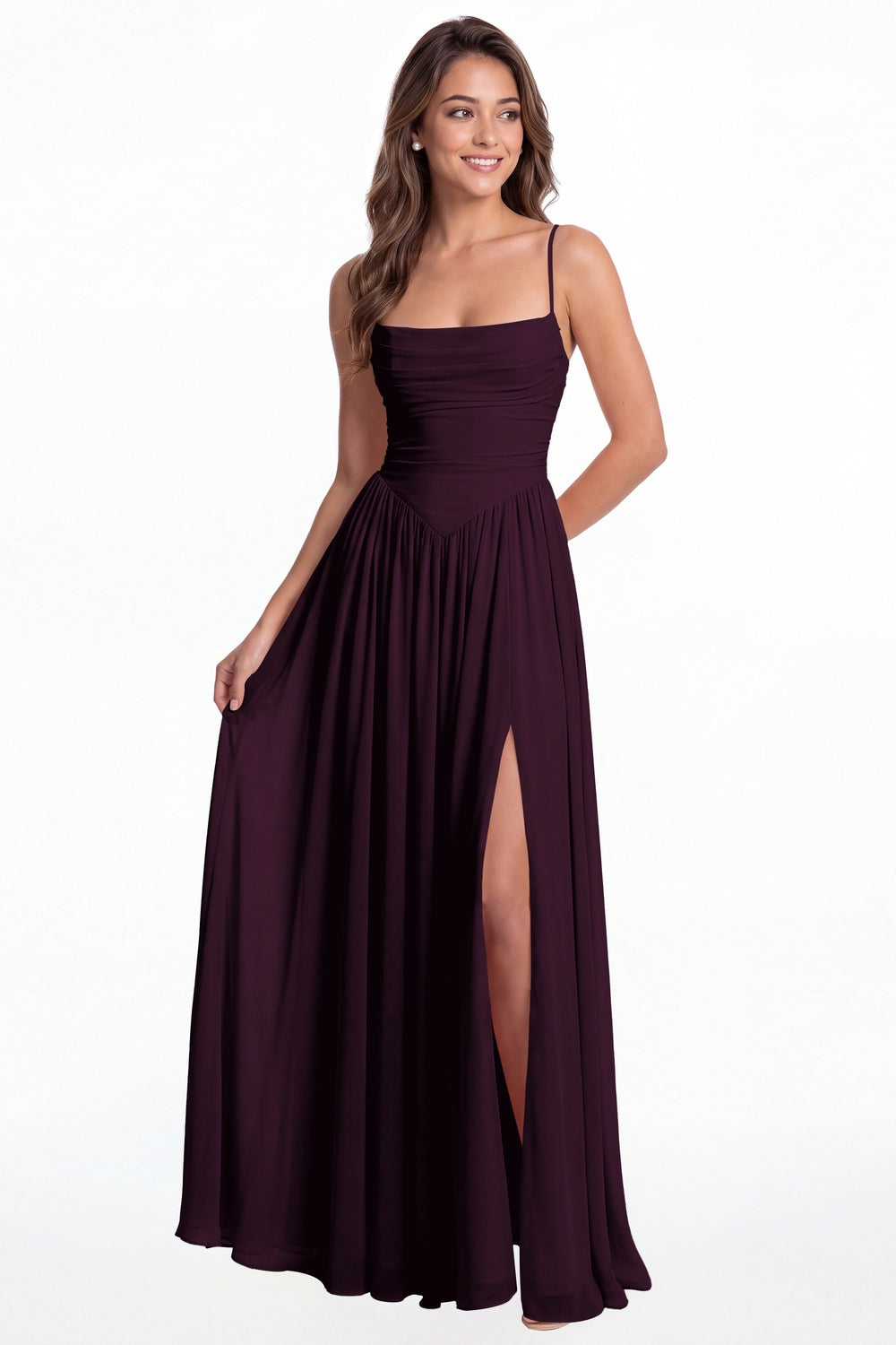 Plum Spaghetti Strap Ruched Chiffon Slit Maxi Gown - Front View