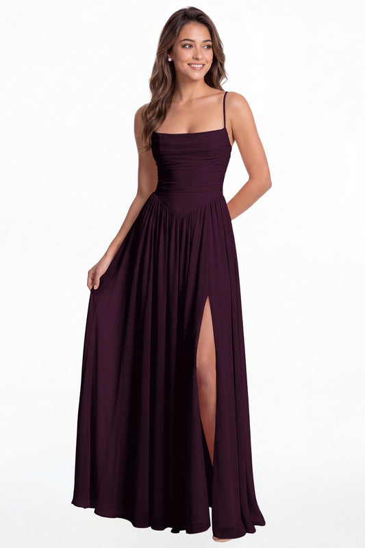 Plum Spaghetti Strap Ruched Chiffon Slit Maxi Gown - Front View