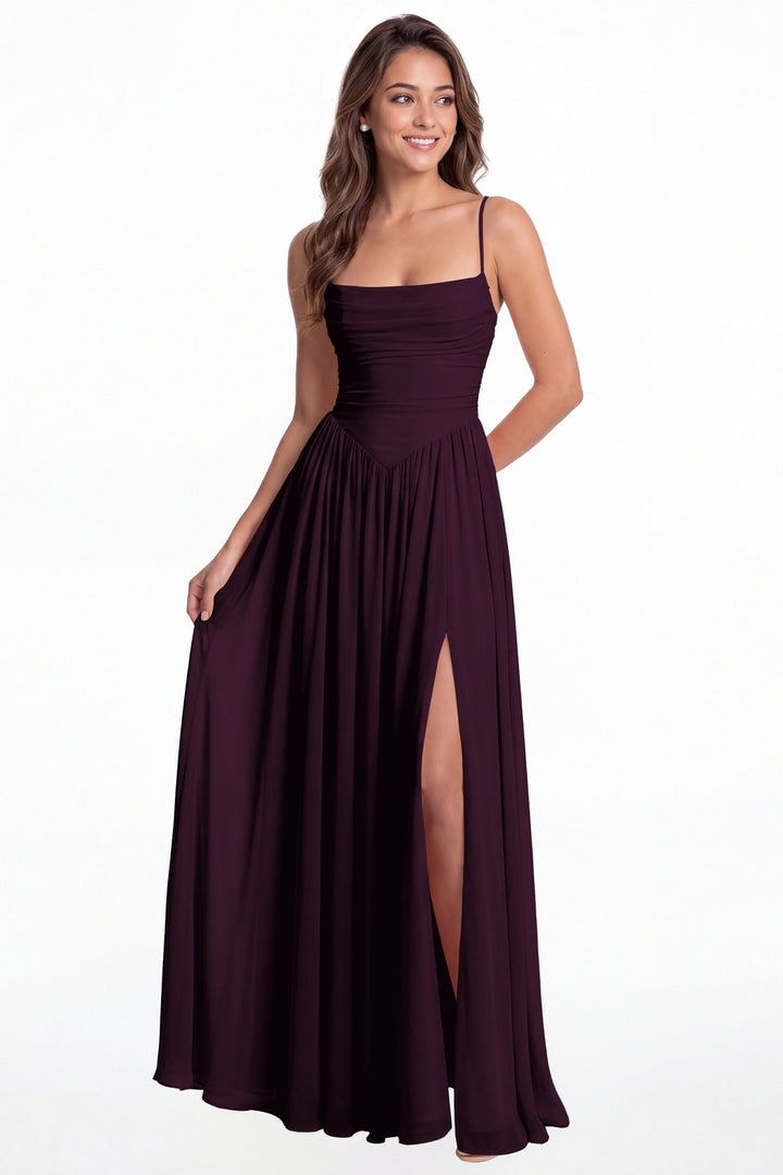 Plum Spaghetti Strap Ruched Chiffon Slit Maxi Gown - Front View