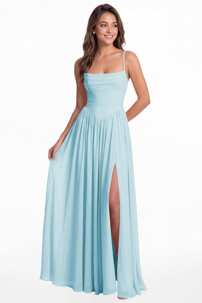 Powder Blue Spaghetti Strap Ruched Chiffon Slit Maxi Gown - Front View