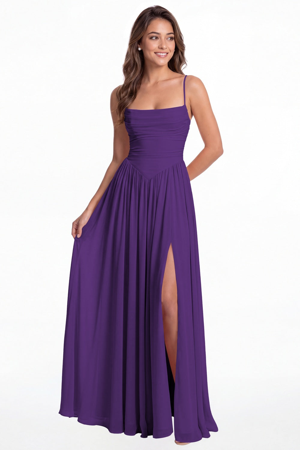 Purple Spaghetti Strap Ruched Chiffon Slit Maxi Gown - Front View
