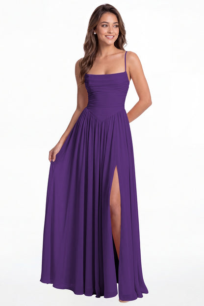 Purple Spaghetti Strap Ruched Chiffon Slit Maxi Gown - Front View