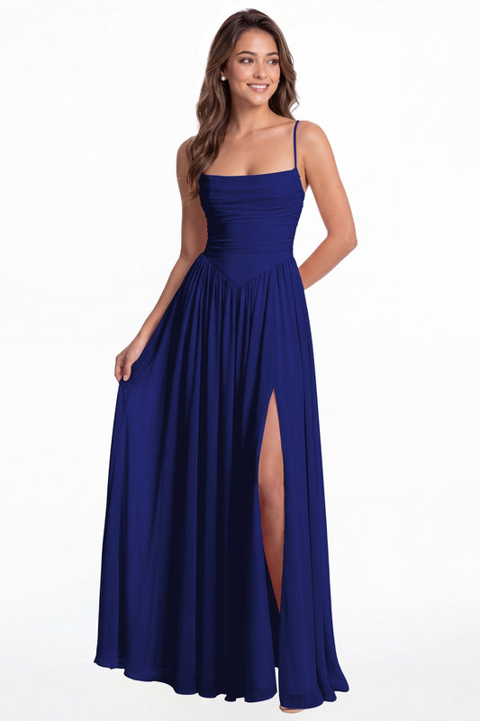 Royal Blue Spaghetti Strap Ruched Chiffon Slit Maxi Gown - Front View