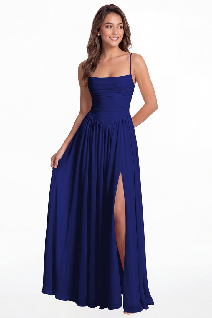 Royal Blue Spaghetti Strap Ruched Chiffon Slit Maxi Gown - Front View
