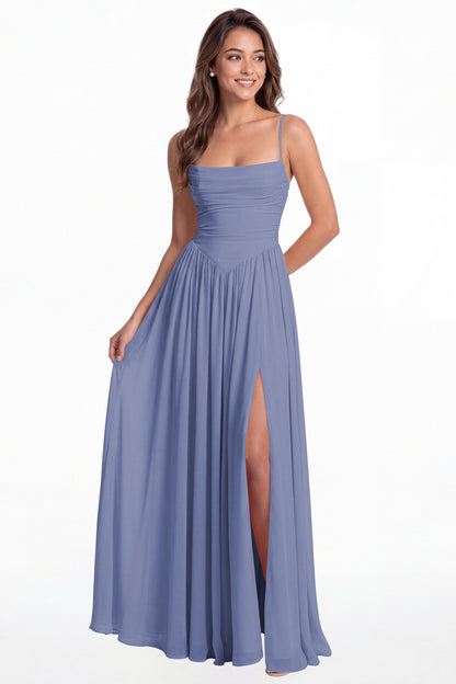 Steel Blue Spaghetti Strap Ruched Chiffon Slit Maxi Gown - Front View