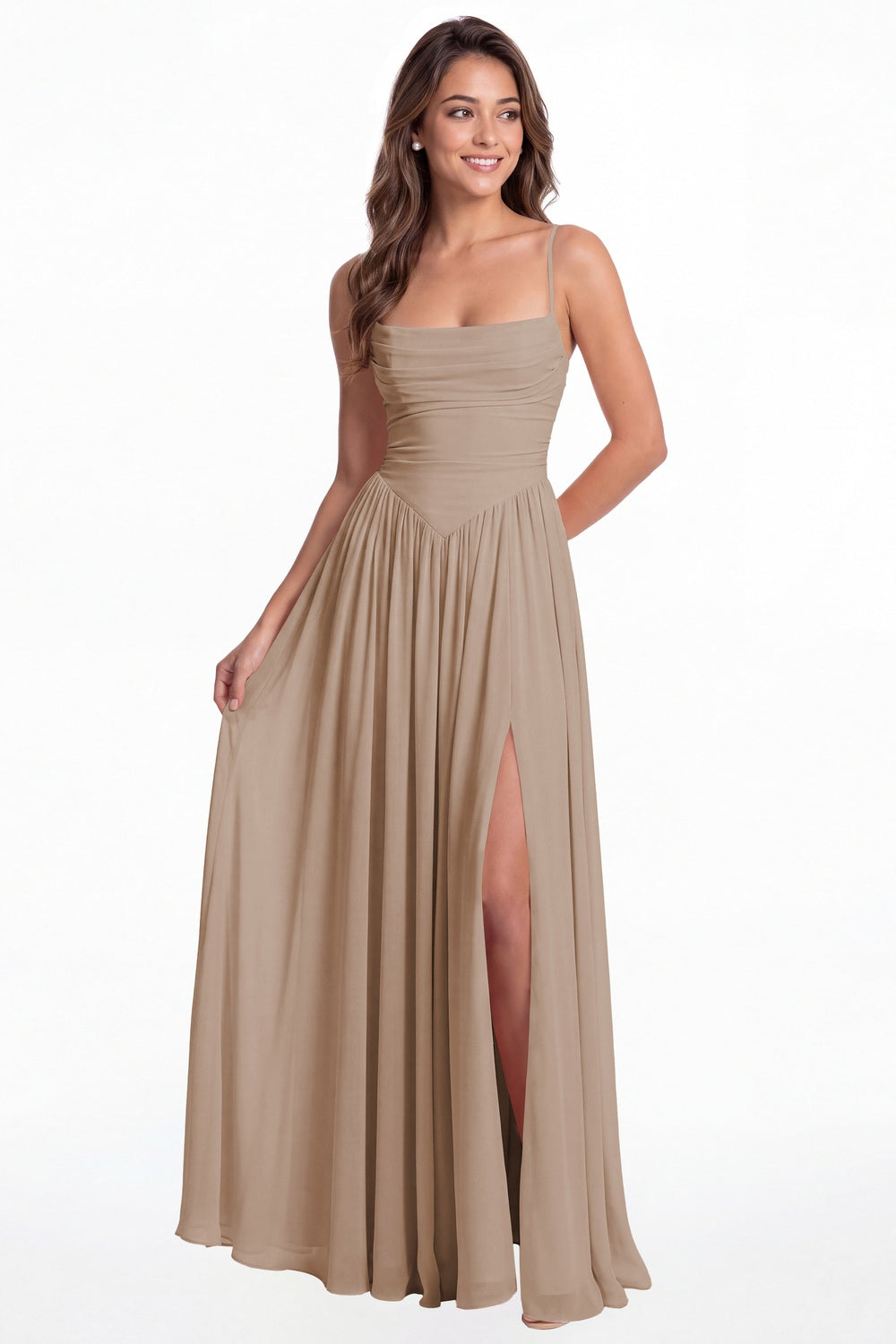 Taupe Spaghetti Strap Ruched Chiffon Slit Maxi Gown - Front View