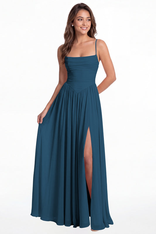 Teal Spaghetti Strap Ruched Chiffon Slit Maxi Gown - Front View