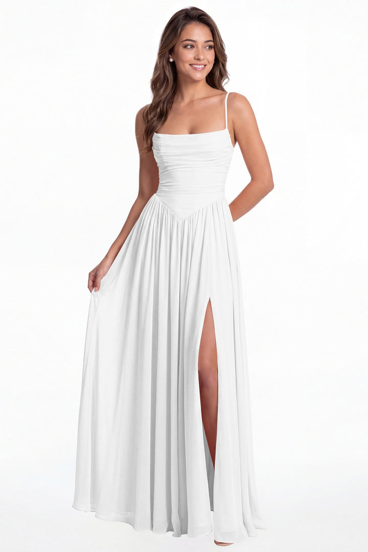 White Spaghetti Strap Ruched Chiffon Slit Maxi Gown - Front View
