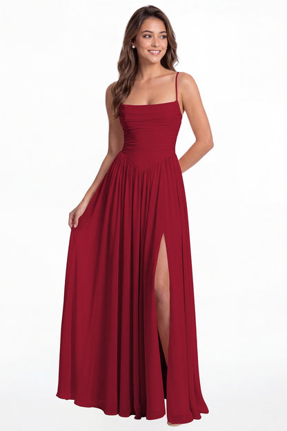 Wine Red Spaghetti Strap Ruched Chiffon Slit Maxi Gown - Front View