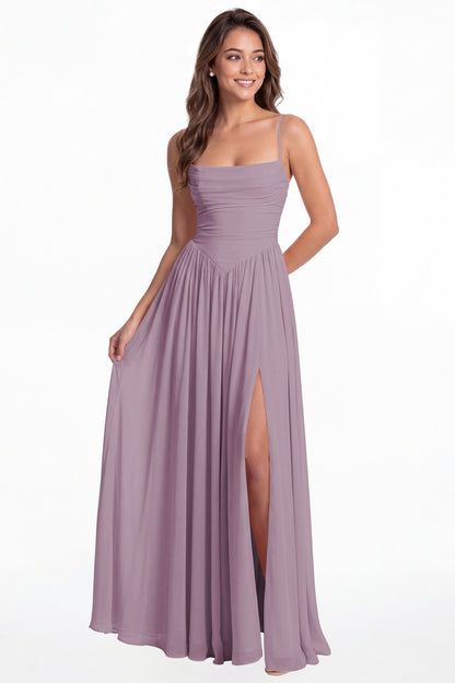 Wisteria Spaghetti Strap Ruched Chiffon Slit Maxi Gown - Front View