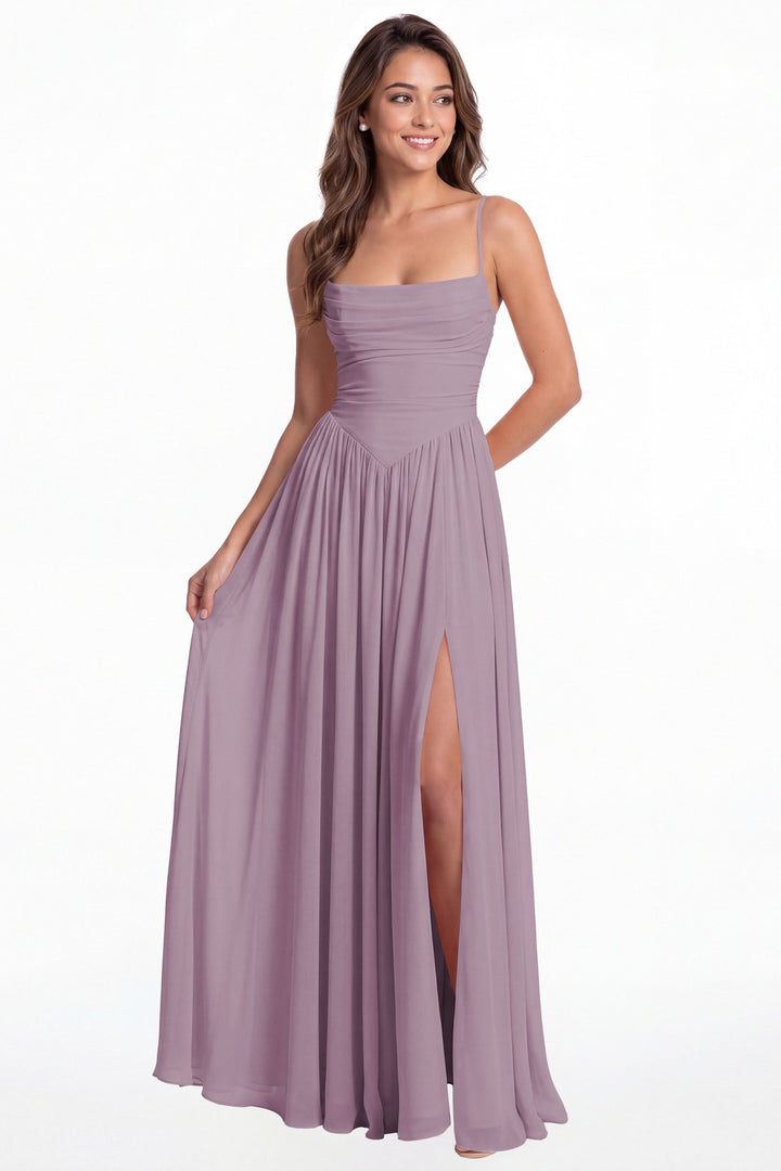 Wisteria Spaghetti Strap Ruched Chiffon Slit Maxi Gown - Front View