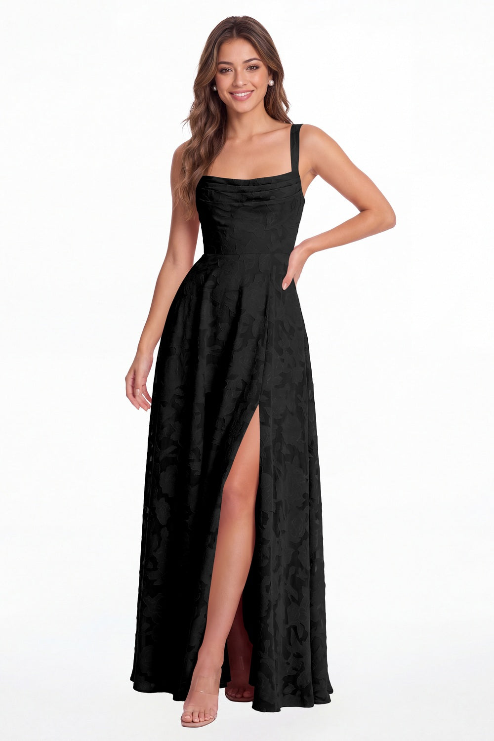 INEWER Floral Burnout Square Neck A-Line Slit Maxi Gown