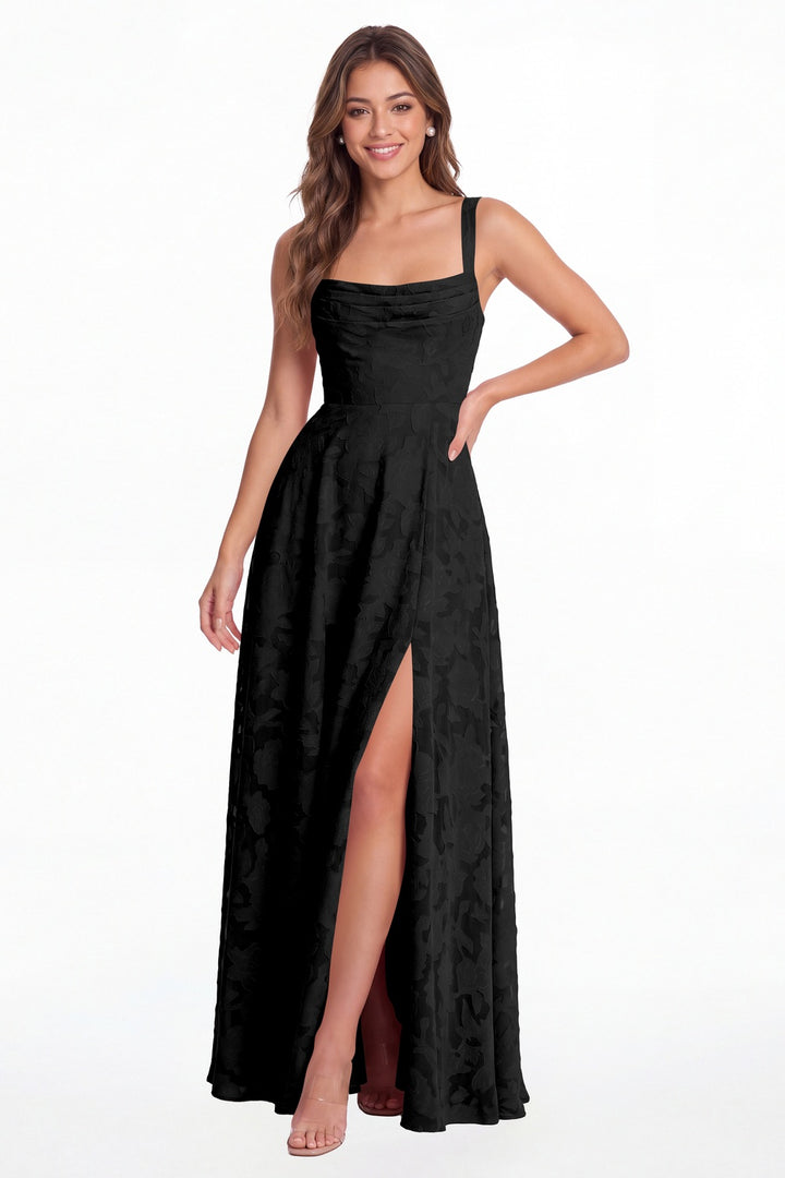 Black Floral Burnout Square Neck A-Line Slit Maxi Gown - Front View