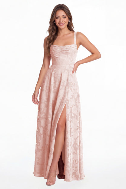 Blush Pink Floral Burnout Square Neck A-Line Slit Maxi Gown - Front View