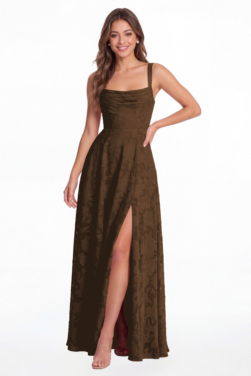 INEWER Floral Burnout Square Neck A-Line Slit Maxi Gown