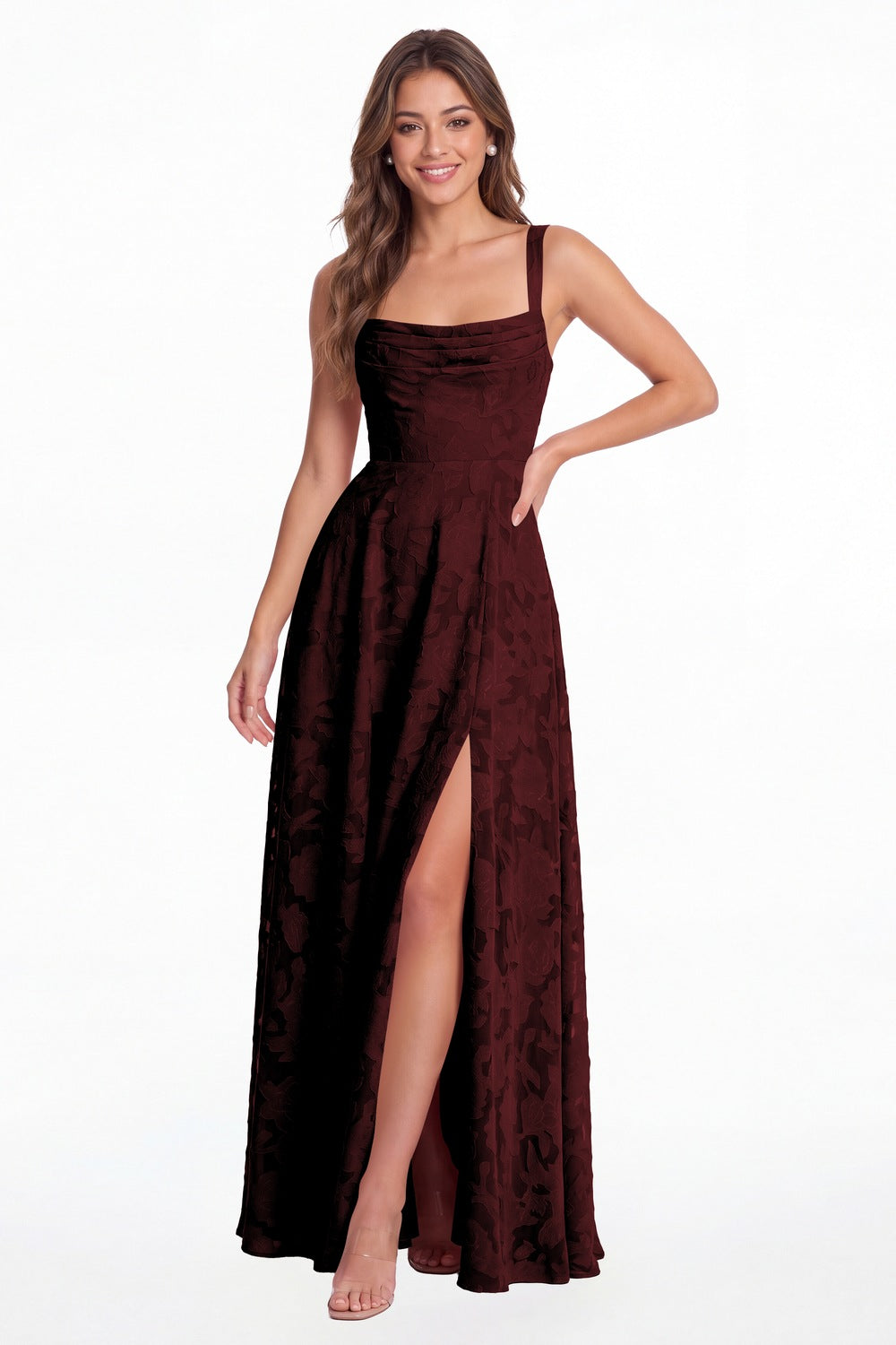 INEWER Floral Burnout Square Neck A-Line Slit Maxi Gown