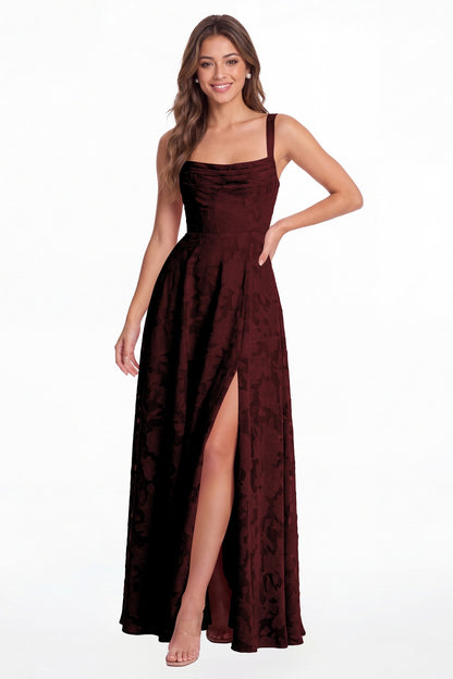 Burgundy Floral Burnout Square Neck A-Line Slit Maxi Gown - Front View