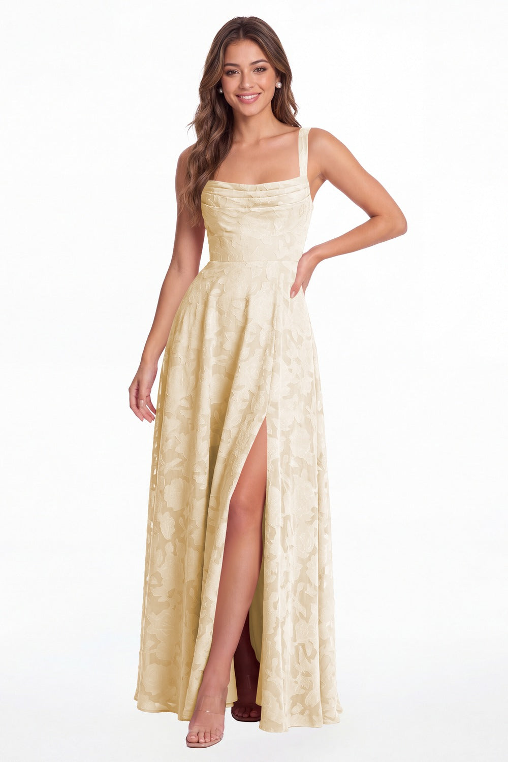 INEWER Floral Burnout Square Neck A-Line Slit Maxi Gown