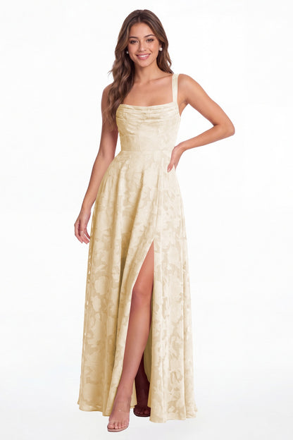 Champagne Floral Burnout Square Neck A-Line Slit Maxi Gown - Front View