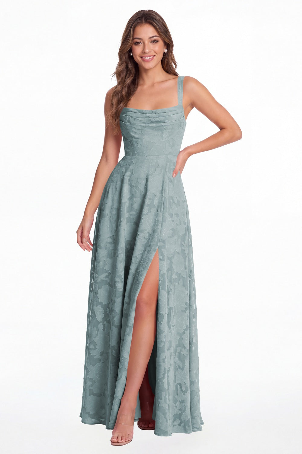 Dusty Blue Floral Burnout Square Neck A-Line Slit Maxi Gown - Front View