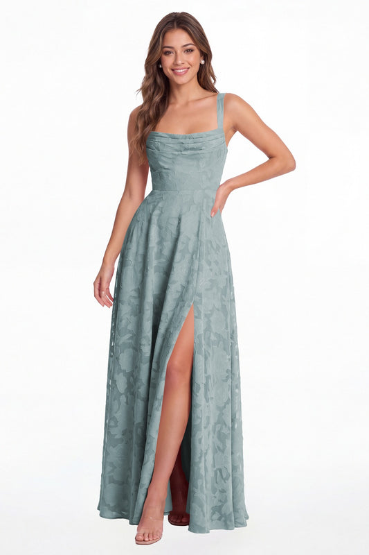 Dusty Blue Floral Burnout Square Neck A-Line Slit Maxi Gown - Front View