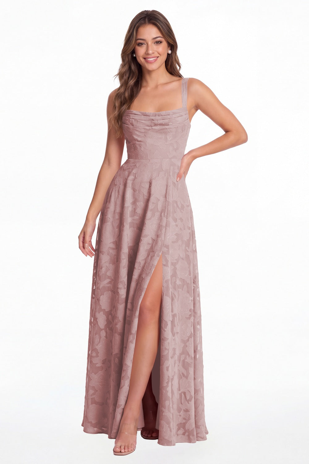 INEWER Floral Burnout Square Neck A-Line Slit Maxi Gown