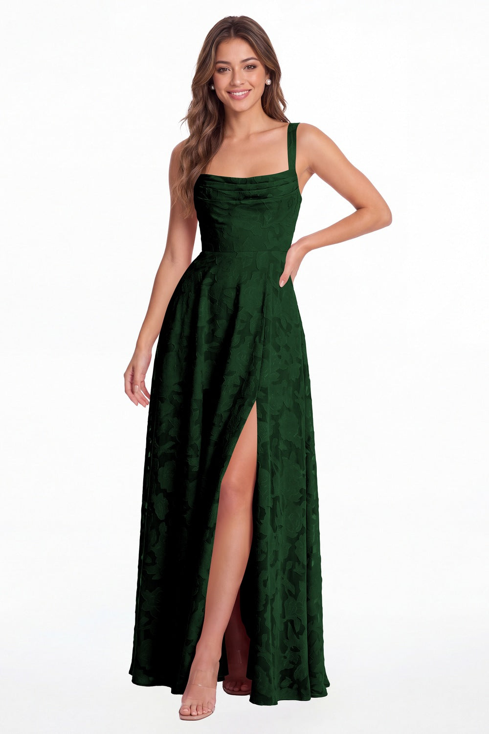 INEWER Floral Burnout Square Neck A-Line Slit Maxi Gown