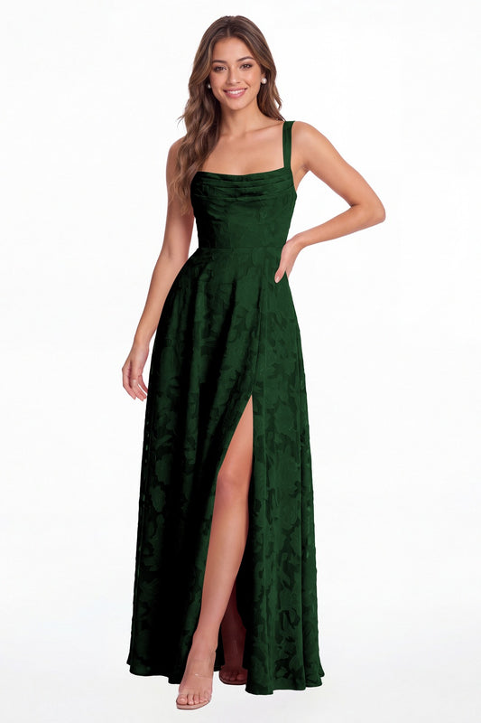 Emerald Green Floral Burnout Square Neck A-Line Slit Maxi Gown - Front View