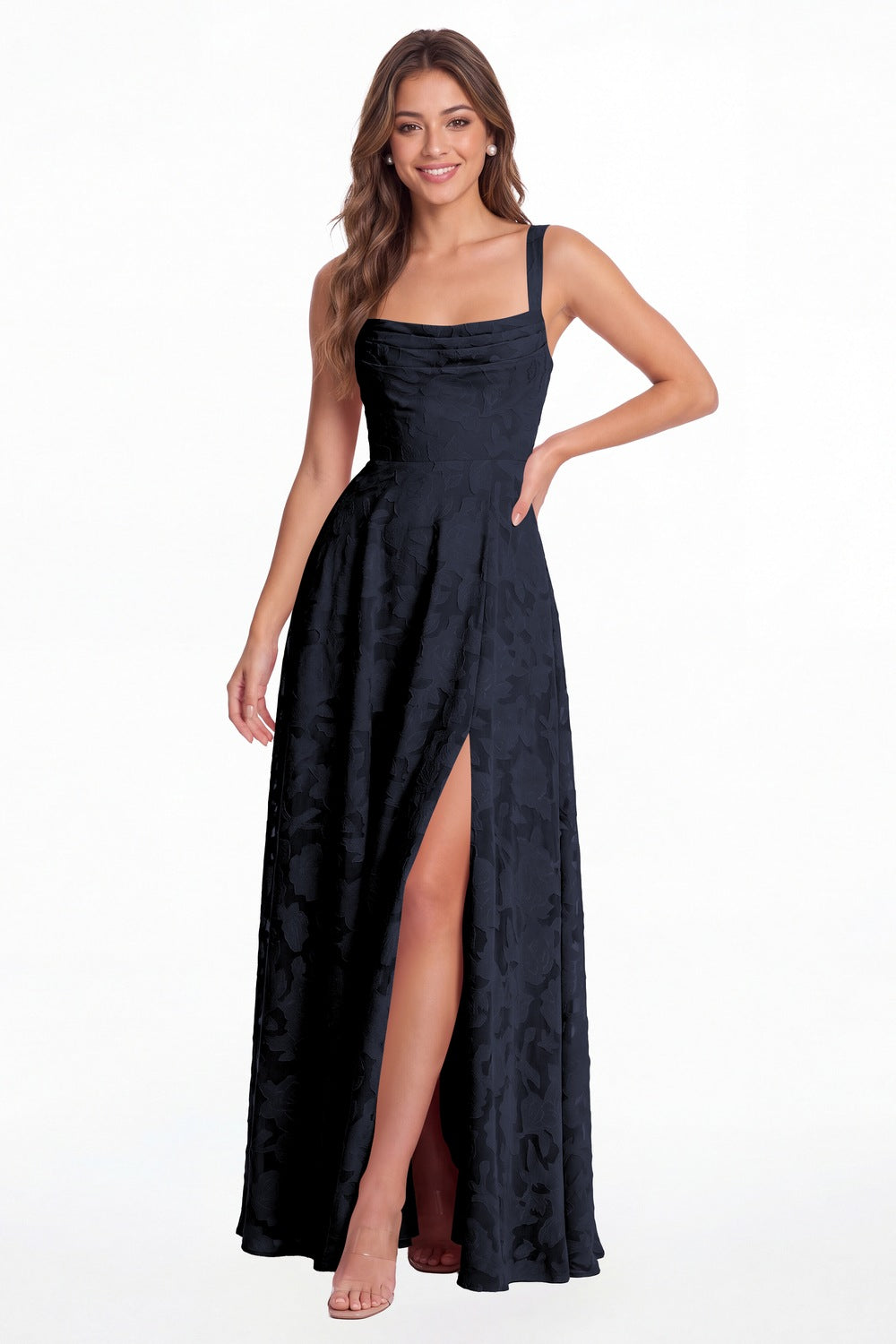 INEWER Floral Burnout Square Neck A-Line Slit Maxi Gown