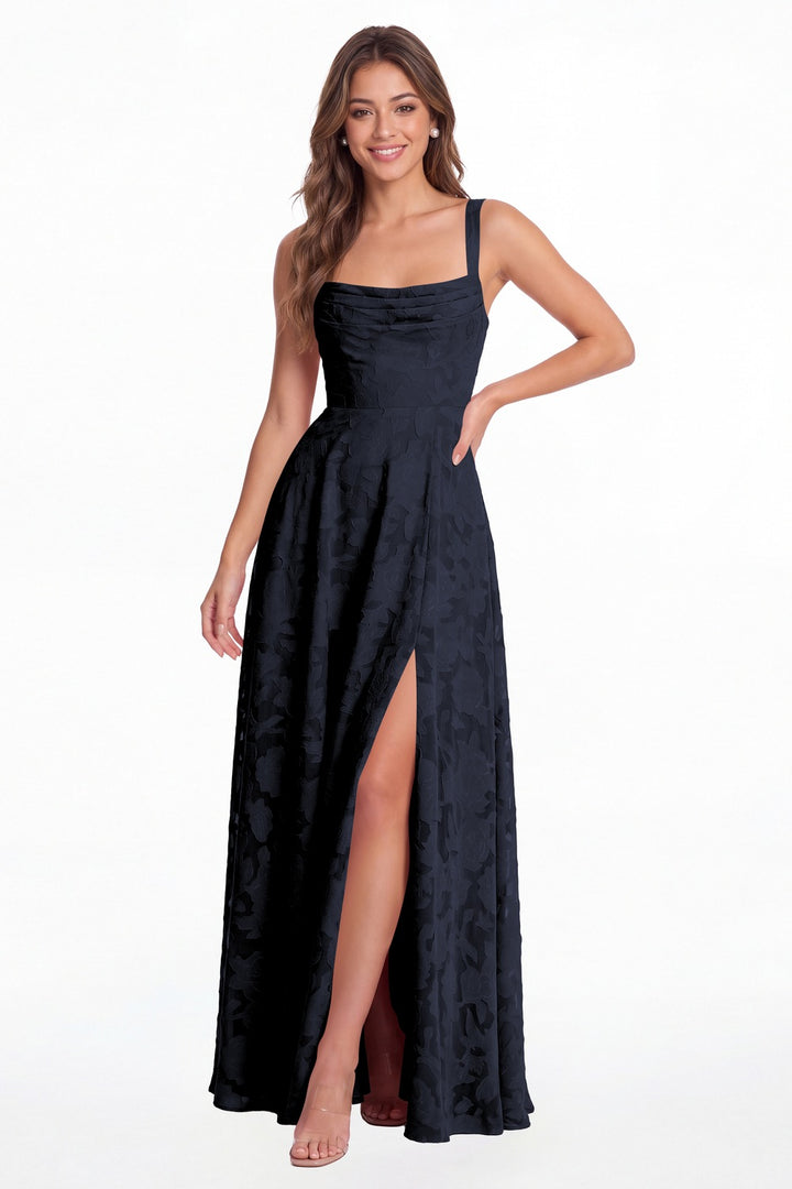 Navy Blue Floral Burnout Square Neck A-Line Slit Maxi Gown - Front View