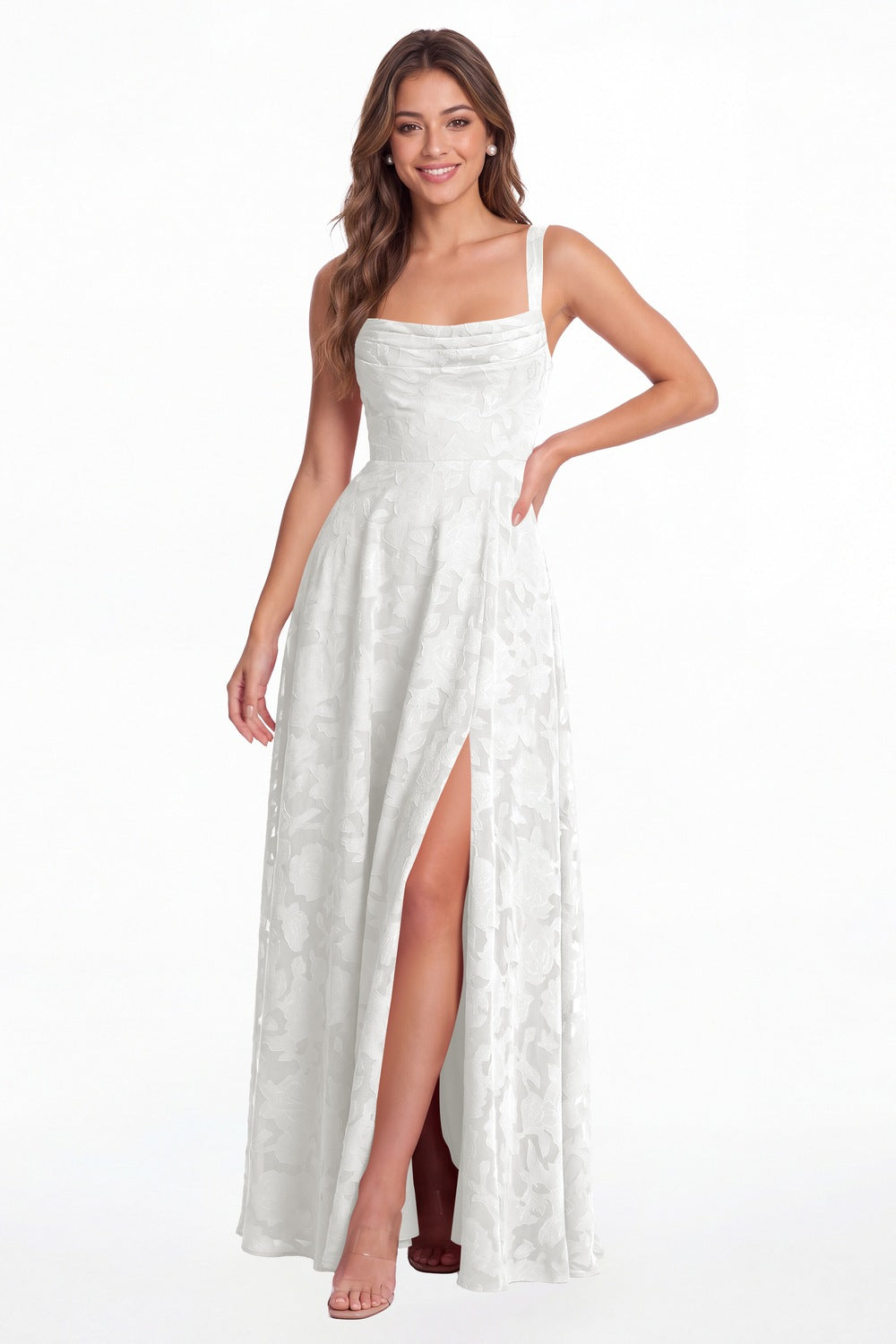 INEWER Floral Burnout Square Neck A-Line Slit Maxi Gown