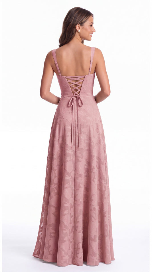 Floral Burnout Square Neck A-Line Slit Maxi Gown - Back View