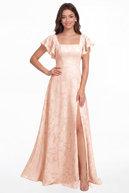 Blush Pink Square Neck Floral Burnout Slit Maxi Gown - Front View