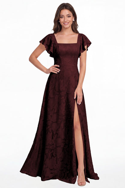 Burgundy Square Neck Floral Burnout Slit Maxi Gown - Front View