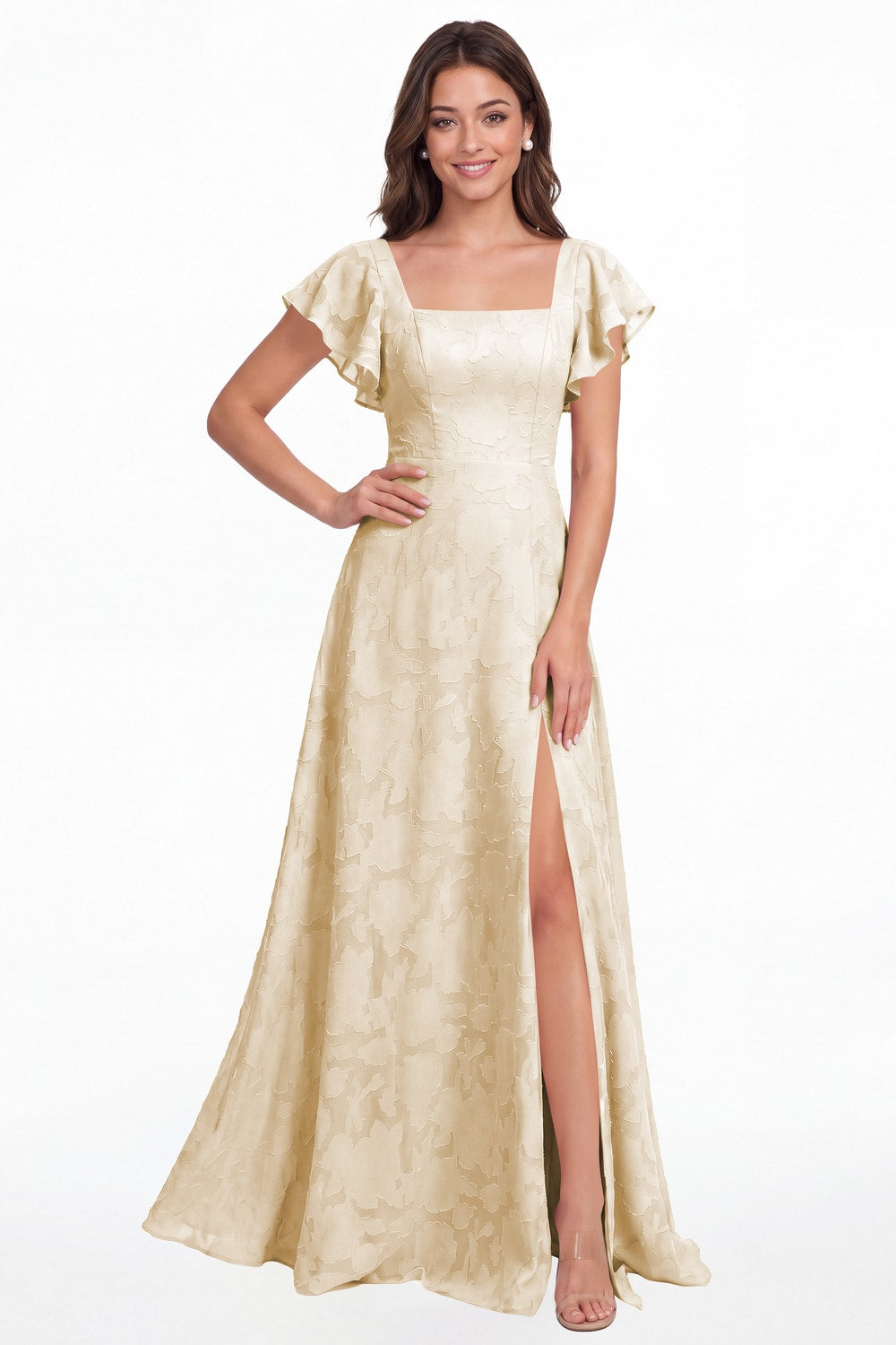 Champagne Square Neck Floral Burnout Slit Maxi Gown - Front View