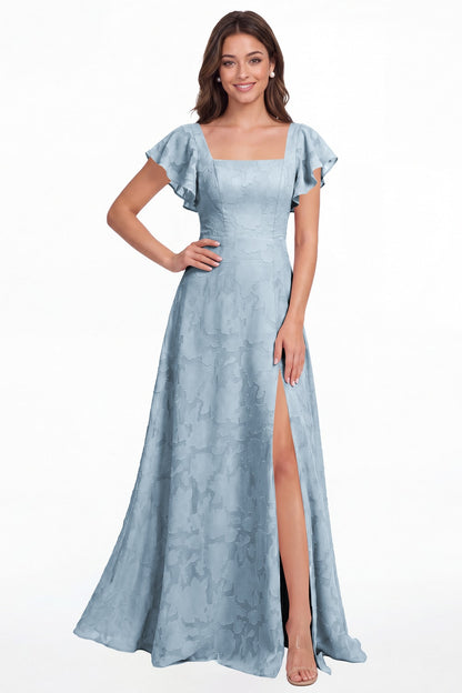 Dusty Blue Square Neck Floral Burnout Slit Maxi Gown - Front View