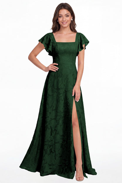 Emerald Green Square Neck Floral Burnout Slit Maxi Gown - Front View
