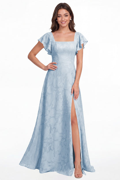 Light Blue Square Neck Floral Burnout Slit Maxi Gown - Front View