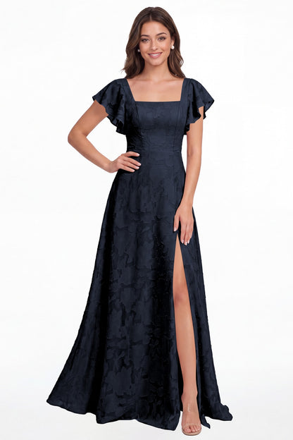 Navy Blue Square Neck Floral Burnout Slit Maxi Gown - Front View