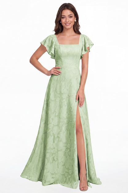 Sage Green Square Neck Floral Burnout Slit Maxi Gown - Front View
