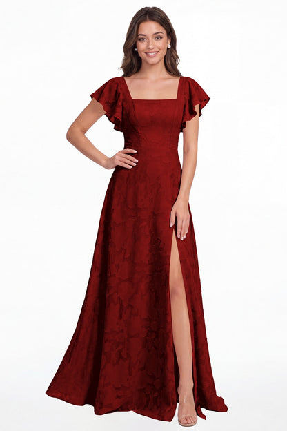 Wine Red Square Neck Floral Burnout Slit Maxi Gown - Front View