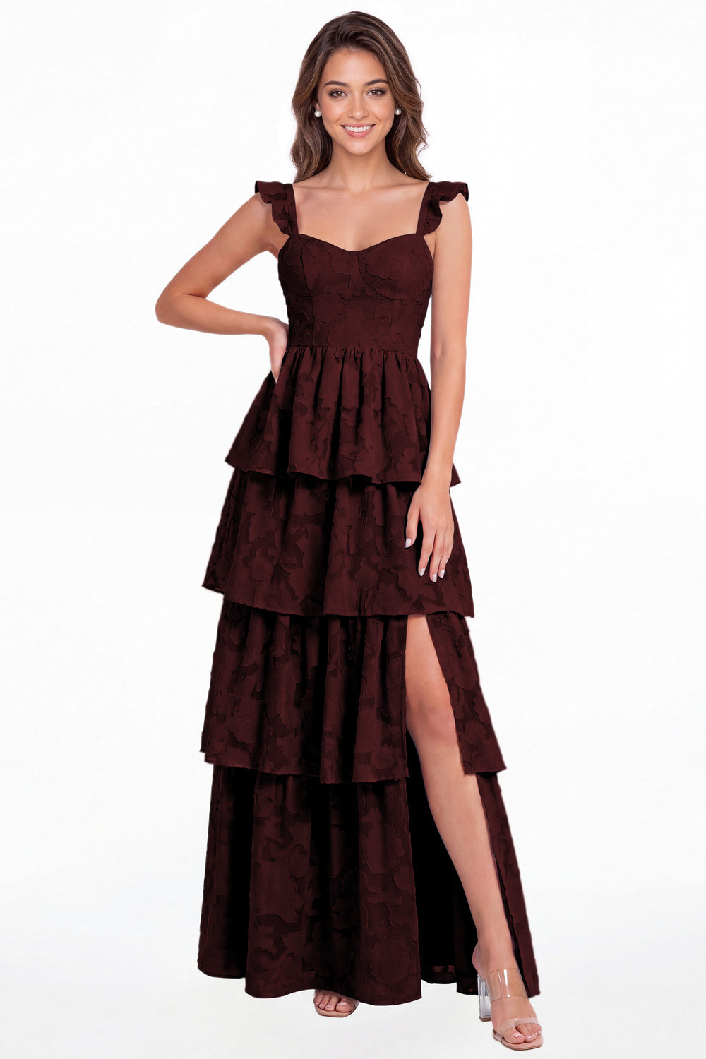 Burgundy Floral Burnout Tiered Ruffle Slit A-Line Maxi Gown - Front View