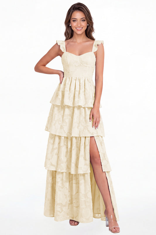 Champagne Floral Burnout Tiered Ruffle Slit A-Line Maxi Gown - Front View