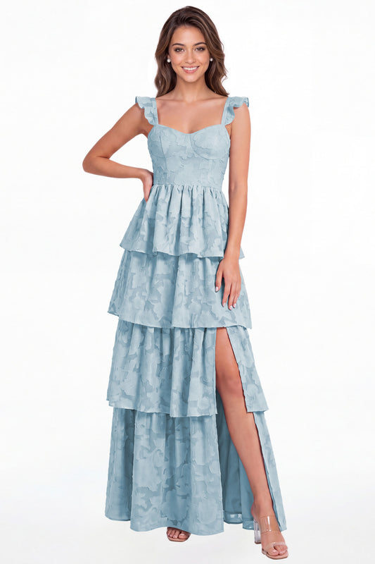 Dusty Blue Floral Burnout Tiered Ruffle Slit A-Line Maxi Gown - Front View