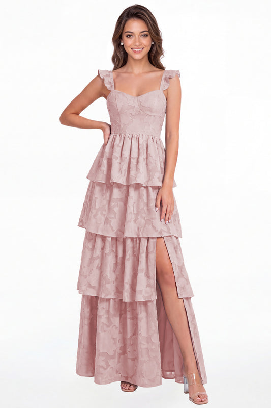 Dusty Rose Floral Burnout Tiered Ruffle Slit A-Line Maxi Gown - Front View